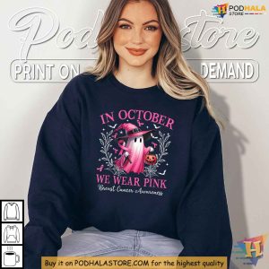 Pink Ribbon Breast Cancer Awareness Shirt, October Ghost Witch Design