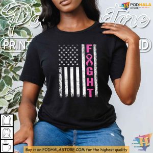 Pink Ribbon Fight Breast Cancer Awareness Shirt American Flag Style 2