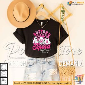 Support Squad Pink Ribbon Breast Cancer Awareness Shirt Halloween Ghost Tee 3