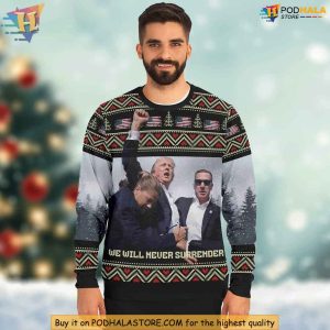 Trump Ugly Christmas Sweater, We Will Never Surrender Holiday Apparel