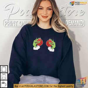 Women's Boobies Christmas Shirt Grinch Hand Festive Tee Holiday Humor 2