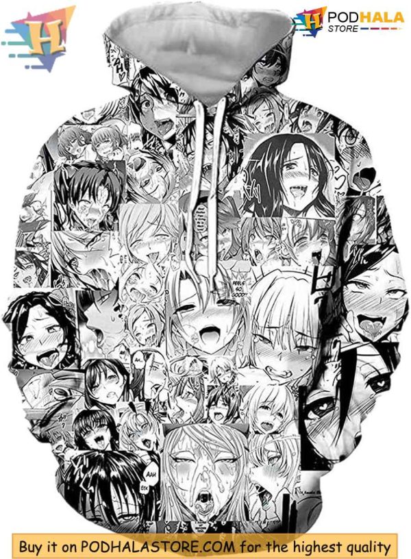Ahegao Hoodie 3D, Anime Expression Collage, Funny Manga Streetwear Fashion