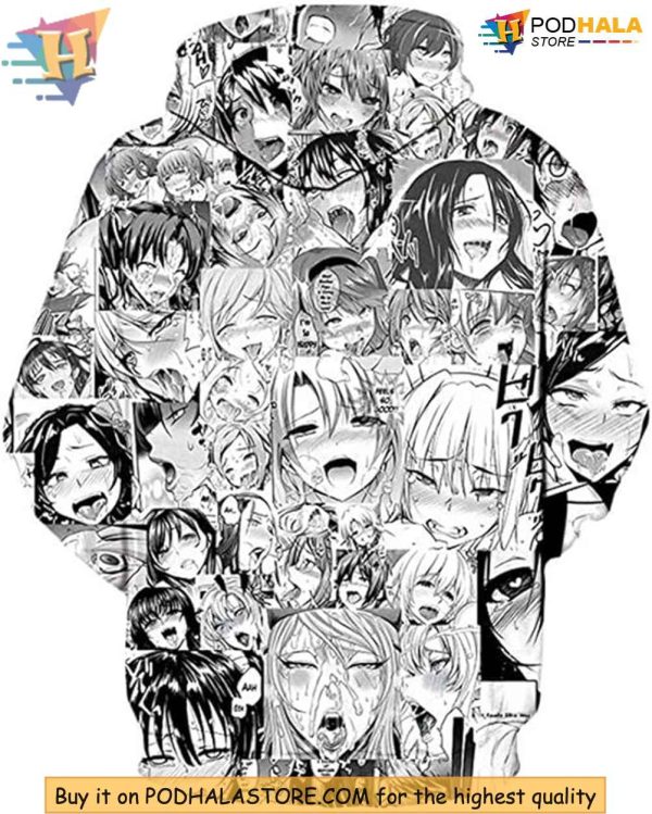 Ahegao Hoodie 3D, Anime Expression Collage, Funny Manga Streetwear Fashion