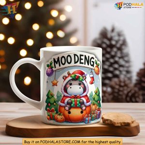 Christmas Moo Deng Mug, Cute Baby Hippo Design 11oz and 15oz Gift Mug