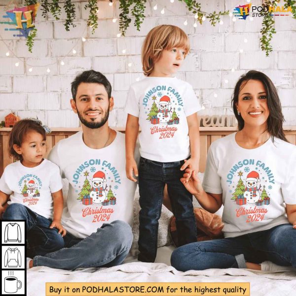 Custom Family Christmas Shirt, Matching 2024 Snowman With Last Name Holiday Gift