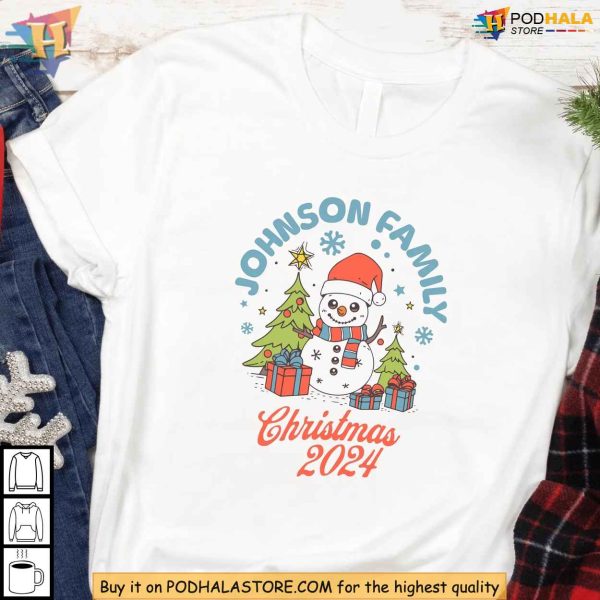 Custom Family Christmas Shirt, Matching 2024 Snowman With Last Name Holiday Gift