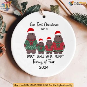 Custom Moo Deng Ornament, Family of Four Hippo Christmas Decoration Gift