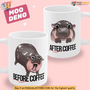 Cute Moo Deng Coffee Mug, Baby Hippo Before Coffee After Coffee Meme Cup
