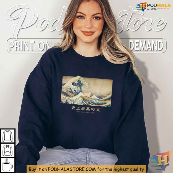 Great Pyrenees Surfing Dog Shirt, Japanese Wave Inspired Pet Apparel