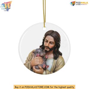 Jesus Embracing Moo Deng Ornament Unique Hippo Ceramic Christmas Gift Idea 2