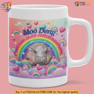 Moo Deng Baby Hippo Coffee Mug Adorable Pygmy Hippo Rainbow Design 2