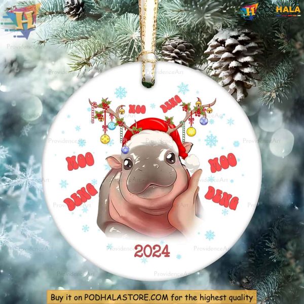 Moo Deng Ornament, Funny Hippo Christmas Decor, Cute 2024 Gift for Kids and Family