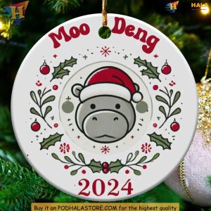 Moo Deng Santa Christmas Ornament 2024 Pygmy Hippo Cute Holiday Decor 2