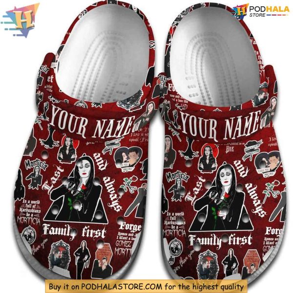 Personalized Morticia Addams Shoes, Family First Themed Gothic Crocs