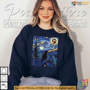 Starry Night Black Cat Comma La Kamala Harris Shirt Halloween 2024 Tee 2