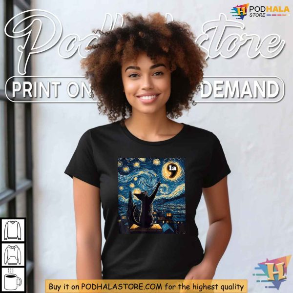 Starry Night Black Cat Kamala Harris Halloween Shirt, Artistic Political Tee