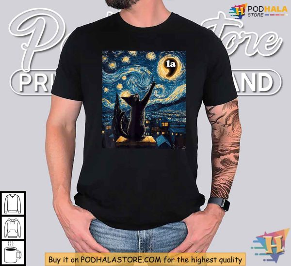 Starry Night Black Cat Kamala Harris Halloween Shirt, Artistic Political Tee