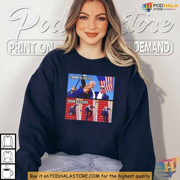 Trump vs Bullet Biden vs Steps Shirt, Political Humor Meme Satire Apparel