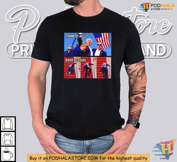 Trump vs Bullet Biden vs Steps Shirt, Political Humor Meme Satire Apparel