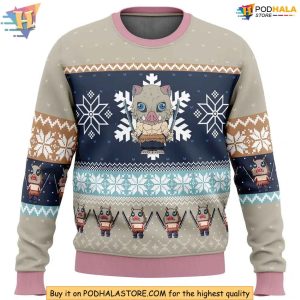Ugly Inosuke Christmas Sweater Demon Slayer Chibi Holiday Anime Sweater 1