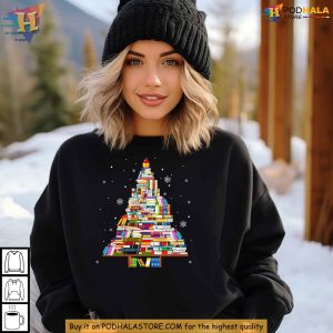 Christmas Tree Bookworm Sweatshirt, Funny Christmas Gift Ideas for Readers