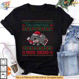 Moo Deng Cute Christmas Shirt, Festive Hippo Tee, Funny Xmas Gift Ideas