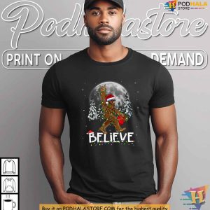 Santa Bigfoot Christmas Lights Believe Festive Holiday Humor Shirt