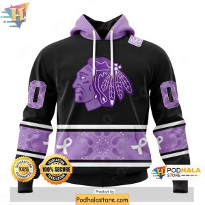 Chicago Blackhawks 3D Hoodie Lavender Hockey Cancer Awareness Sweatshirt 1