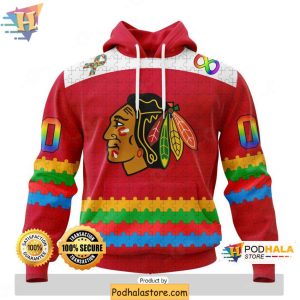 Chicago Blackhawks 3D Hoodie with Autism Awareness Puzzle Piece Design 1