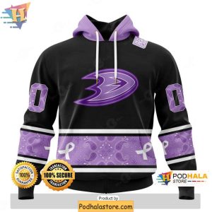 Custom Lavender Anaheim Ducks Hoodie 3D NHL Merch for Hockey Fights Cancer 1