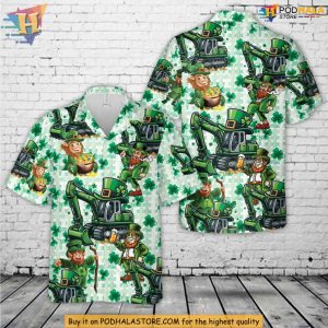 Excavator Green Leprechaun Hawaiian Shirt for St Patricks Day Celebrations