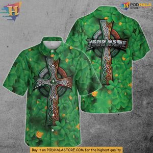 Personalized Irish Themed Hawaiian Shirt with Shamrocks and Celtic Cross