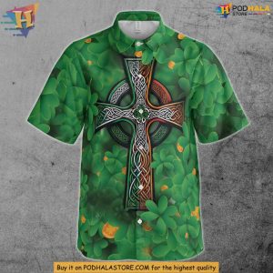 Personalized Irish Themed Hawaiian Shirt with Shamrocks and Celtic Cross 2