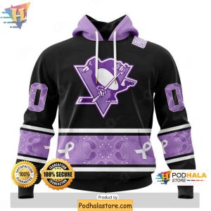 Personalized Pittsburgh Penguins 3D Hoodie Black Lavender Cancer Awareness 1