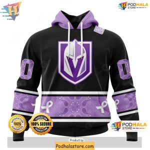 Vegas Golden Knights 3D Hoodie Hockey Fights Lavender Cancer Purple Black Apparel 1