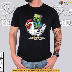 Chicken Jockey Pixel Zombie Riding Chicken Funny Minecraft Gamer Shirt