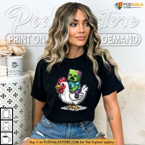 Chicken Jockey Pixel Zombie Riding Chicken Funny Minecraft Gamer Shirt 4