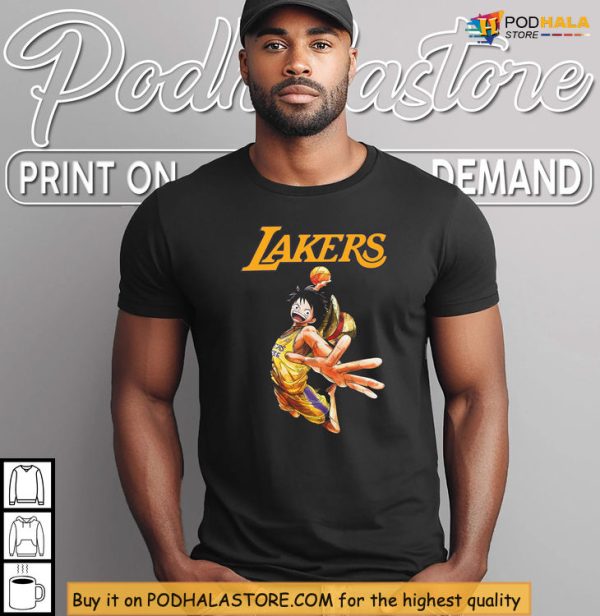 Luffy Dunking In Lakers Jersey La Lakers One Piece Collab Merch Shirt