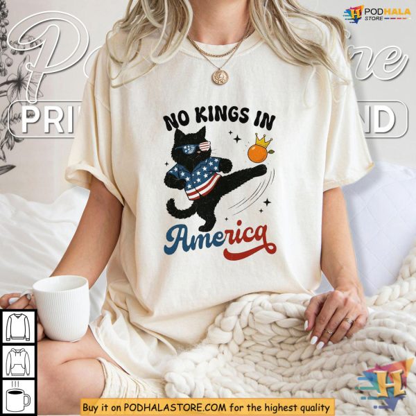 Patriotic Political Shirt With No Kings Black Cat, 4th Of July Protest