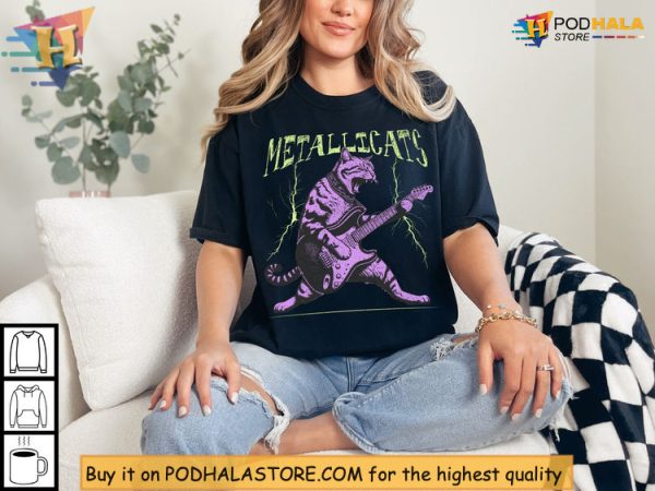 Youth Metallica Shirt Featuring Cat With Electric Guitar And Neon Bolts