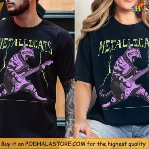 Youth Metallica Shirt Featuring Cat With Electric Guitar And Neon Bolts 2
