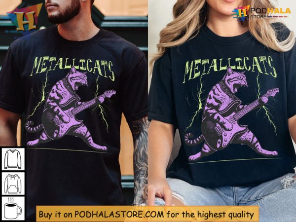 Youth Metallica Shirt Featuring Cat With Electric Guitar And Neon Bolts