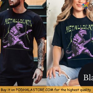 Youth Metallica Shirt Featuring Cat With Electric Guitar And Neon Bolts 3