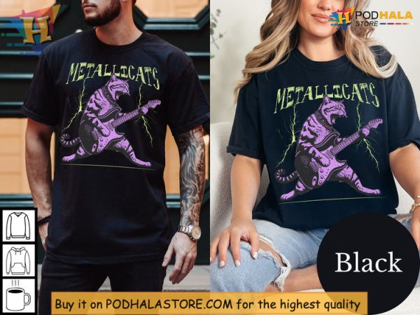 Youth Metallica Shirt Featuring Cat With Electric Guitar And Neon Bolts