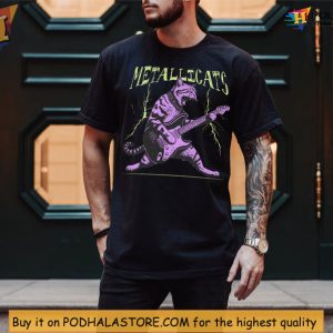 Youth Metallica Shirt Featuring Cat With Electric Guitar And Neon Bolts 4