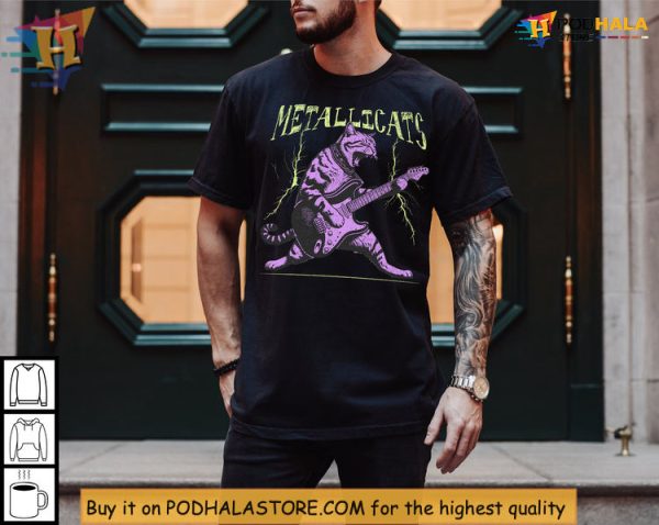 Youth Metallica Shirt Featuring Cat With Electric Guitar And Neon Bolts
