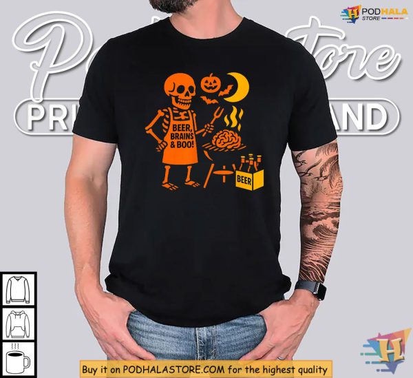 Halloween Shirt Skeleton BBQ Beer Brains Boo Night Laughs Bash