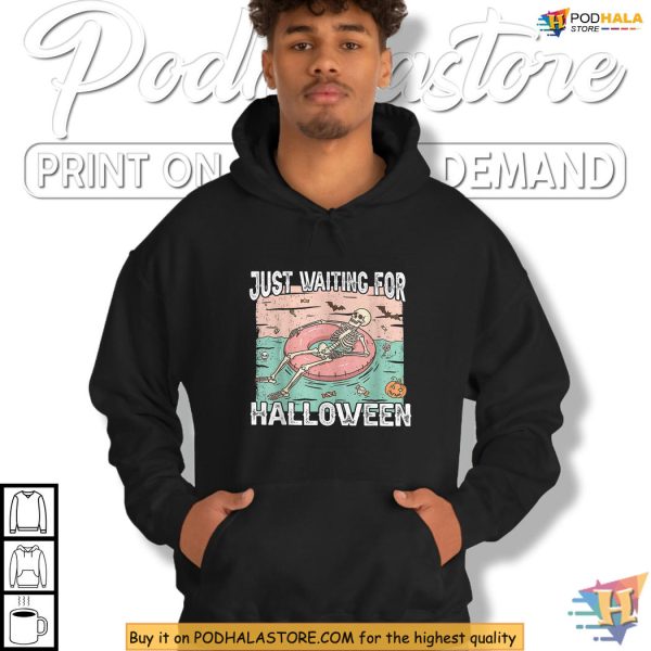 Pool Skeleton Just Waiting For Halloween Shirt, Bat Candy Pumpkin Laughs