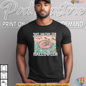 Pool Skeleton Just Waiting For Halloween Shirt Bat Candy Pumpkin Laughs 4