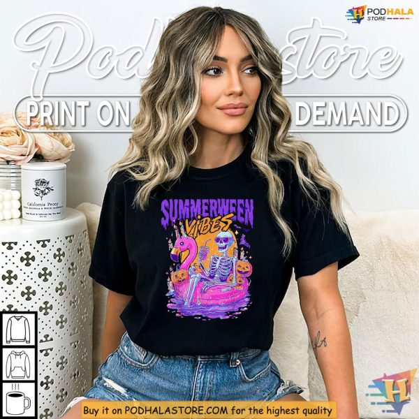 Summerween Shirt Skeleton Flamingo Pool Vibes With Pumpkins And Candles